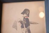 Antique lithograph of soldier's profile, dark uniform, red collar, and tall hat.