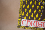 Bottom right detail of vintage lithograph poster: red 'CHRIST' text and yellow flame pattern.