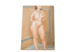 Vintage full figure nude painting with muted earth tones and soft brushwork on board, circa 1960, 15 by 21 inches