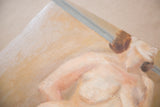 Textured oil paint and subdued skin tones on vintage nude painting.