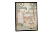 Vintage framed handmade embroidery art: mother deer and fawn in a colorful 1940s woodland scene.