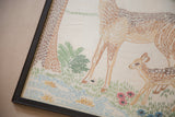 Baby deer and mother's legs embroidered on linen with pink flowers and blue water.