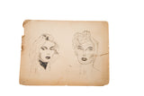 Vintage 1930s charcoal sketch of two women's portraits on aged, tan paper.