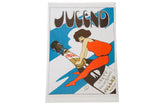Late 19th century German Champagne poster lithograph: woman in red, blue stripes.