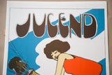 Close-up of vintage German champagne poster, 'JUCEND' title with stylized woman's illustration.