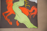 Detail of vintage French poster with vibrant red horse and flowing light green dress.