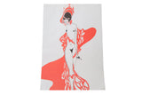 Art Deco nude woman lithograph with red flowing elements and black details.