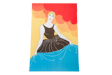 Art Deco Bather poster print with stylized woman, vibrant red, yellow, blue waves.