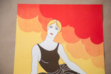Art Deco bather lithograph showcasing her blonde hair and vibrant red and yellow background.