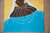 Vibrant Art Deco Bather lithograph with brown swimsuit, white arms, and blue wave pattern.