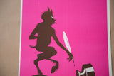 Vintage Devil lithograph art: horned silhouette, white quill, spilled ink, hot pink background.