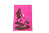 Vintage lithograph art with a devil silhouette, quill, spilled ink, and hot pink background.
