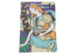 Vintage Eugene Grasset Art Nouveau lithograph: woman with red hair, roses, blue irises.