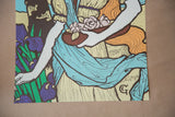 Art Nouveau lithograph detail: vibrant blue drapery, pink roses, and Grasset's distinctive G-mark.
