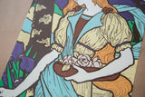 Eugene Grasset lithograph close-up of woman holding pink roses and purple irises.