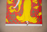 Snow White Princess Print detail: yellow gown, red background, green vines, and stylized yellow flowers.