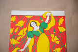 Upper right detail of vintage print: character in green, yellow, on red floral.