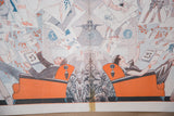 Central detail of vintage Art Deco magazine art with clock, flapper figures, and dog scrollwork.