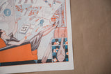 Vintage Art Deco magazine art detail: woman's legs, orange luggage, blue geometric patterns.