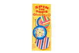 Mid Century Spin the Tops toy featuring colorful stripes, spirals, and airplane graphics.