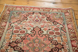 Blush floral motifs and scrolling wine red tendrils on a vintage Sarouk rug.