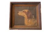 Antique dog portrait painting of a tan pointer with canvas holes and chipped ornate frame.
