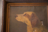 Antique dog portrait detail, showing canvas tear and a chipped frame corner.