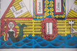 Peter Markey retro art: mermaid, blue waves, yellow crosshatch, and red 