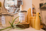 Vintage Jelly Jar Soy Candle PEACE, hand-poured in Ball glass with rustic lid.