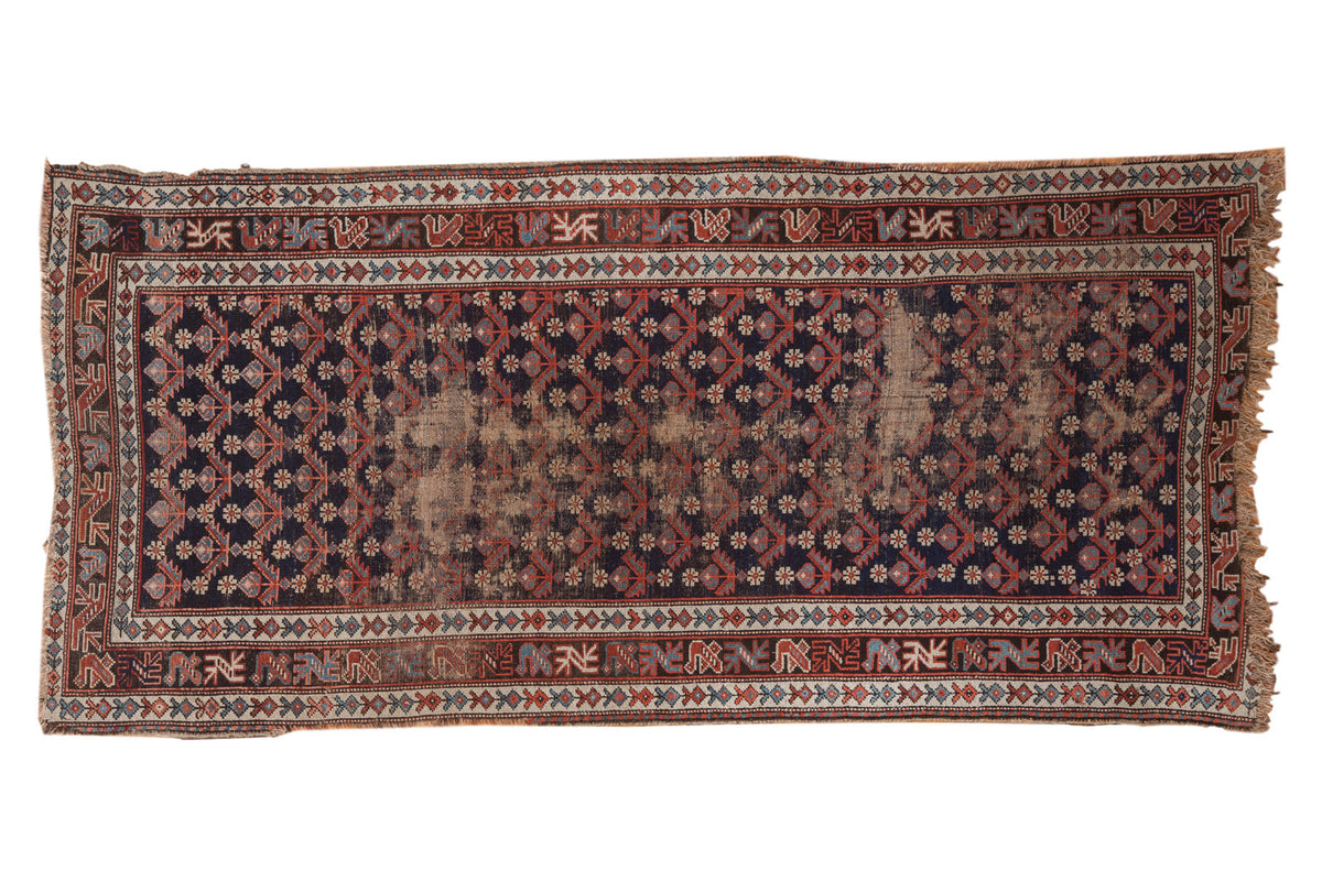 Vintage Hamadan rug runner, allover indigo, red, and charcoal floral lattice with worn areas. 3'7" x 7'6".