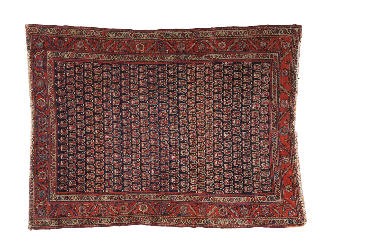 Antique Fine Malayer rug with allover boteh design in navy blue and rich aubergine.
