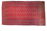 Vintage Afghan Bokhara carpet, allover triple gul design, intricate border in brick red and indigo blue.