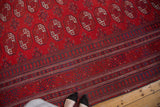 Repeating red gul designs and intricate indigo borders on a vintage Afghan Bokhara carpet.