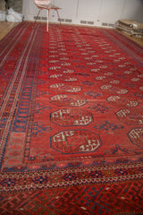 Intricate tribal border and repeating gul patterns in brick red and indigo blue.