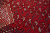 Repeating brick red gul patterns on a vintage Afghan Bokhara rug, showing tonal patina.