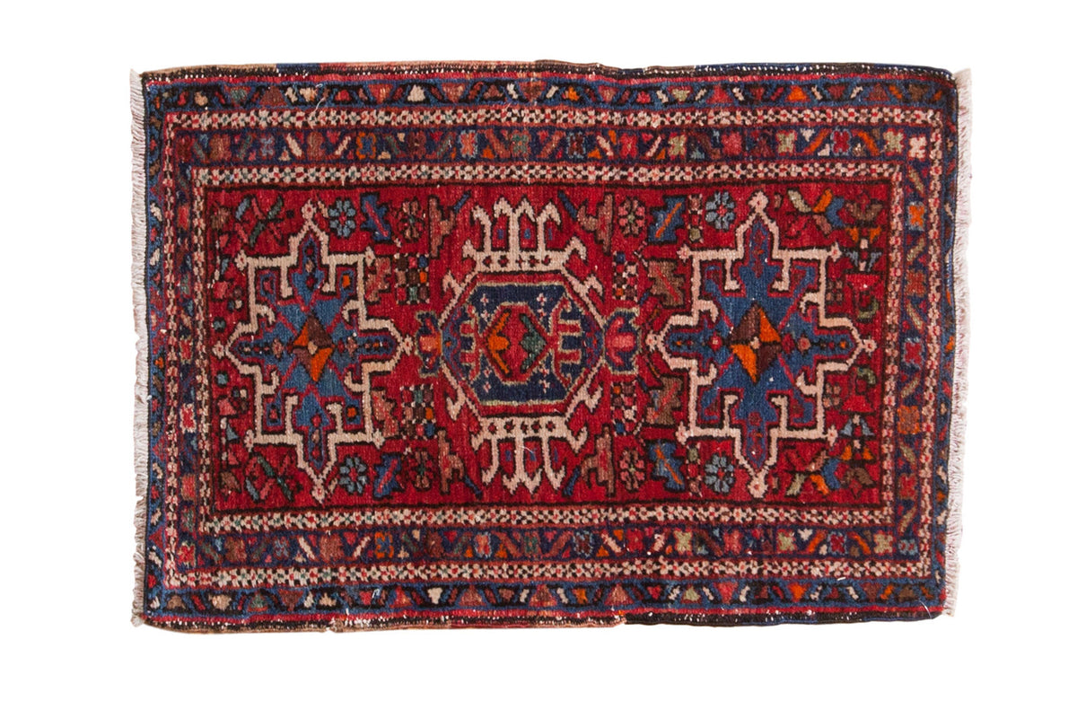 Hand-knotted vintage Karaja rug, cherry red triple geometric medallion with blue motifs, 2'1" x 3'.