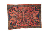 Lilihan rug with faded cranberry blush field, floral vinery, blue borders, 3'6