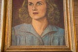 Mid Century portrait detail: starry-eyed woman with red lips and a pleated blue collared shirt.