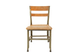 Vintage Toledo kid's chair, light green metal frame, worn wood seat.