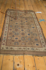 Tattered end of antique Belouch runner, showing red, blue, camel star-patterned border.