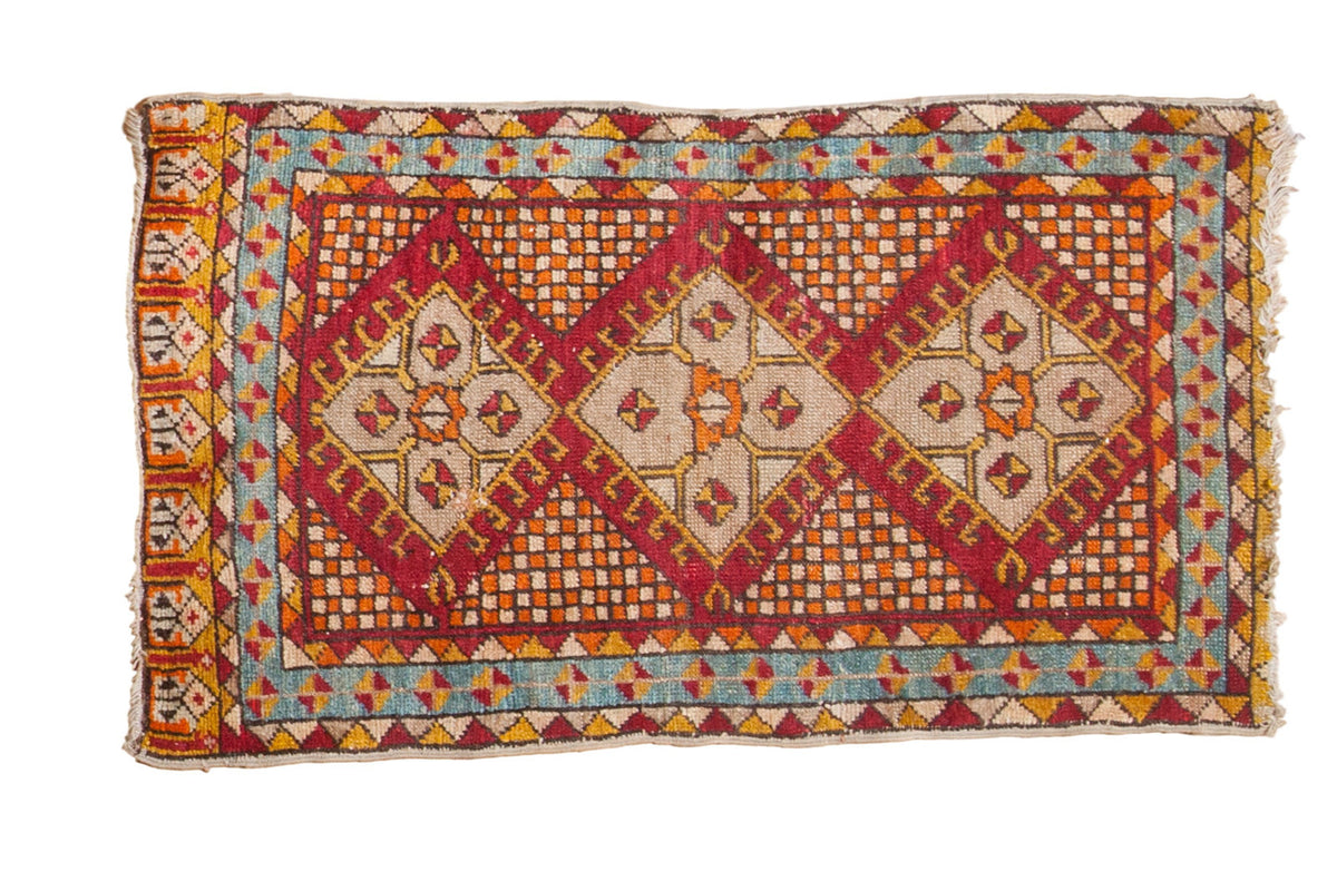 Vintage Yastic rug with triple medallions, checkered field, cherry red, ivory, teal aqua. 1'9" x 3'.