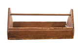 Primitive large vintage wooden toolbox with a sturdy central handle and rich patina.