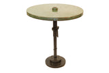 Light green reclaimed industrial bistro table with dark metal base, 30-inch diameter.