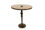 Industrial bistro table with round dark green charcoal top and threaded metal base.