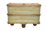 Distressed light green vintage industrial textile factory cart with natural wood lid.