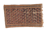 Vintage Hamadan rug, allover boteh paisley, navy, terra cotta, saffron, with visible wear.