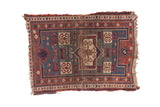 Antique Fachralo Kazak rug with brick red and teal rams horn medallion, 3'9