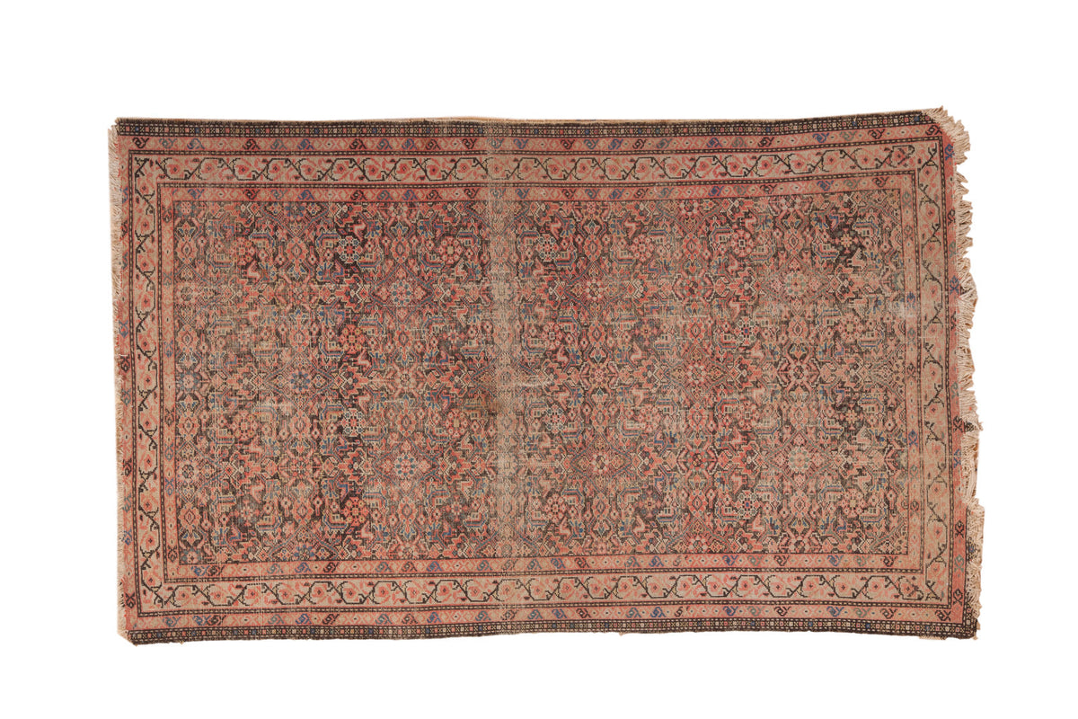 Distressed antique hand-knotted Persian Malayer rug, allover Herati design, blush, charcoal, navy.