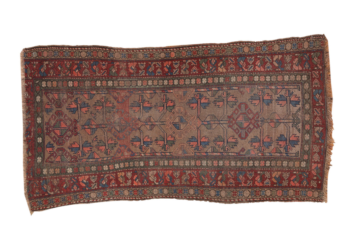 Vintage Kurdish Hamadan rug, double geometric tree of life design, camel and red hues, distressed.