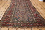 Vintage Kurdish Hamadan rug, double geometric tree of life design in camel, red, blue, 3'5